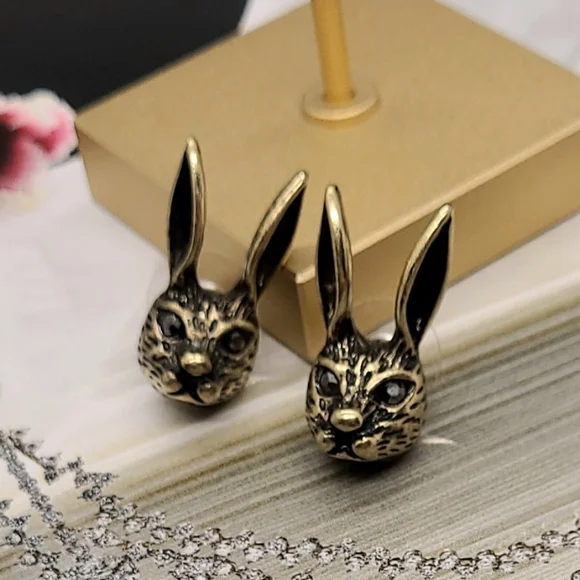 Vintage Estate Bunny Rabbit Crystal Stud Gold Earrings - Picture 5 of 16